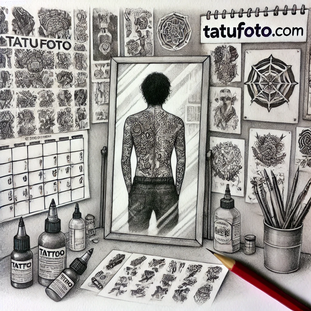 Тату и зависимость - A pencil sketch a person stands in front of a mirror, their body covered with numerous tattoos. A calendar with a scheduled tattoo session hangs on t tatufoto.com 000