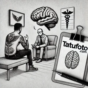 Черно-белый рисунок, изображающий психолога и пациента с татуировкой на спине, символизирующий связь между психическим и физическим здоровьем.