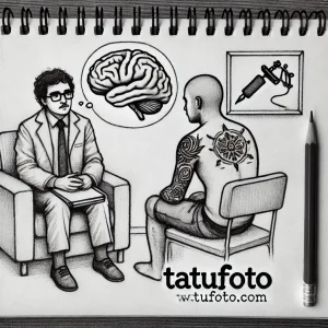 Черно-белое изображение психолога и пациента с татуировкой на руке, символизирующее внутренний мир и самовыражение через искусство тату.
