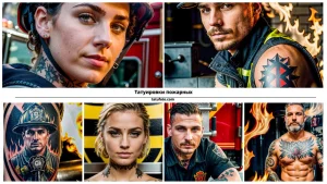 Фото тату пожежників з різними символами, такими як шоломи, вогонь та зірки. Символізує мужність та героїзм.