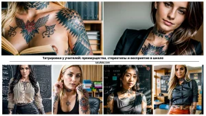 Коллаж фотографий учителей с татуировками: рукава, шея, грудь, спина, демонстрирующие разнообразие стилей и сюжетов.