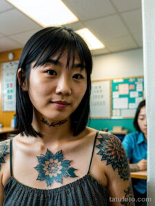 Фото тату на шее и плече девушки азиатской внешности. Рисунок татуировки выполнен в традиционном японском стиле с использованием синих оттенков.