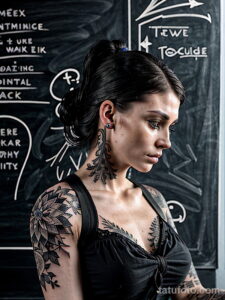 Фото тату на шее и плече девушки, выполненные в технике blackwork. Изящные растительные мотивы и тонкие линии создают утонченный образ.