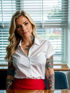 Фото тату: привлекательная блондинка с татуировками на руках и шее, одетая в белую рубашку и красную юбку.