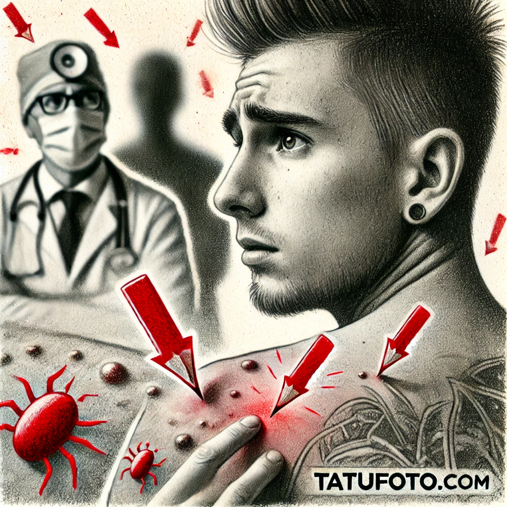 Чешется татуировка - A pencil drawing a person with a worried expression looks at their tattoo, surrounded by red arrows and small bumps. In the background, blurred shado tatufoto.com 012
