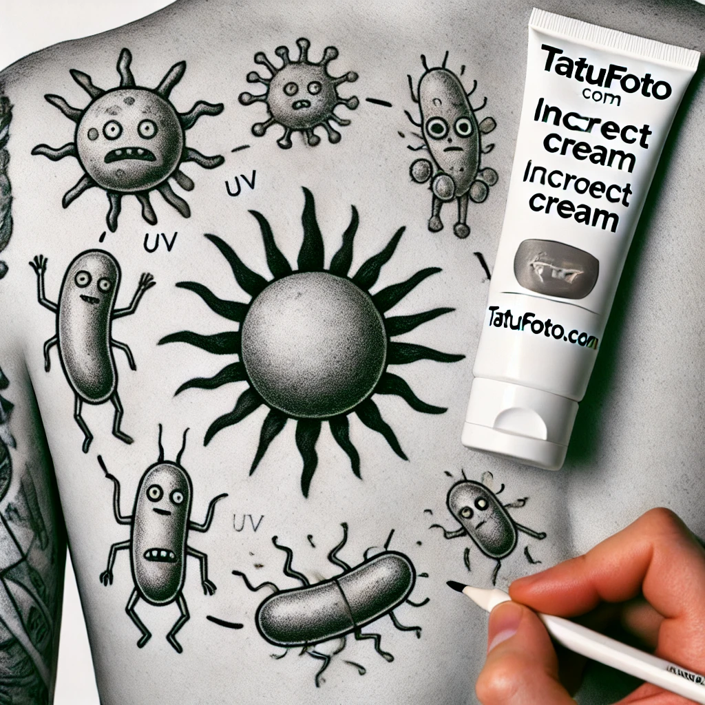 Чешется татуировка - A pencil drawing around a person, symbolic images circle— the sun with UV rays, cartoonish bacteria characters, and a tube of incorrect cream. The ta tatufoto.com 009