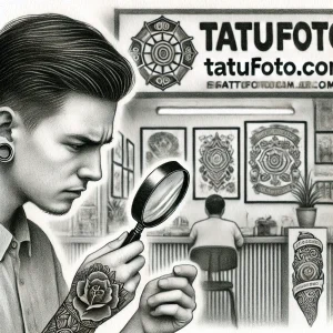 Фото тату эскиза в тату-салоне. Мастер рассматривает рисунок розы под лупой, на фоне висят другие эскизы.