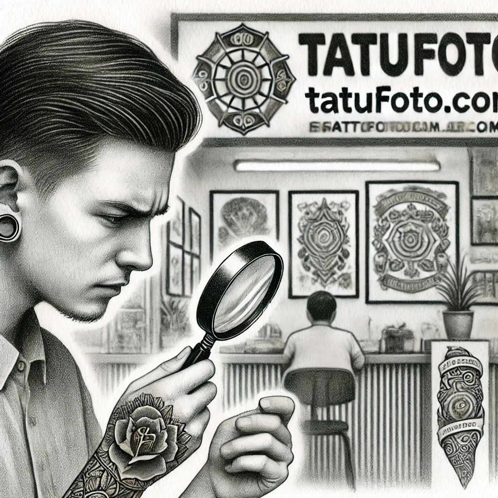 Чешется татуировка - A pencil sketch a person examines their fresh tattoo with a magnifying glass, their expression a mix of curiosity and slight concern. In the backgrou tatufoto.com 004