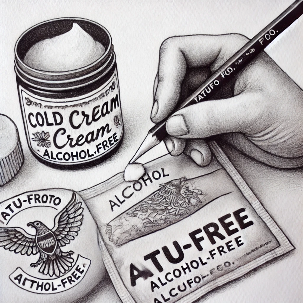 Чешется татуировка - A pencil sketch a person holds a jar of cream, carefully applying it to their tattoo. Nearby lies a cold compress and a package labeled 'alcohol-free tatufoto.com 011
