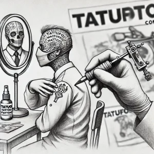 Черно-белый эскиз татуировки с изображением тату-мастера, работающего над татуировкой черепа, отраженного в зеркале. Детализированный и мистический рисунок.