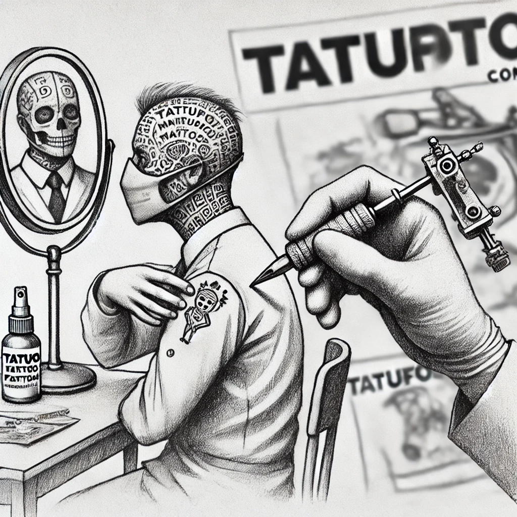 Чешется татуировка - A pencil sketch a person in a mixed pose, scratching a tattoo with one hand while holding a moisturizing cream with the other. In the background, a m tatufoto.com 000