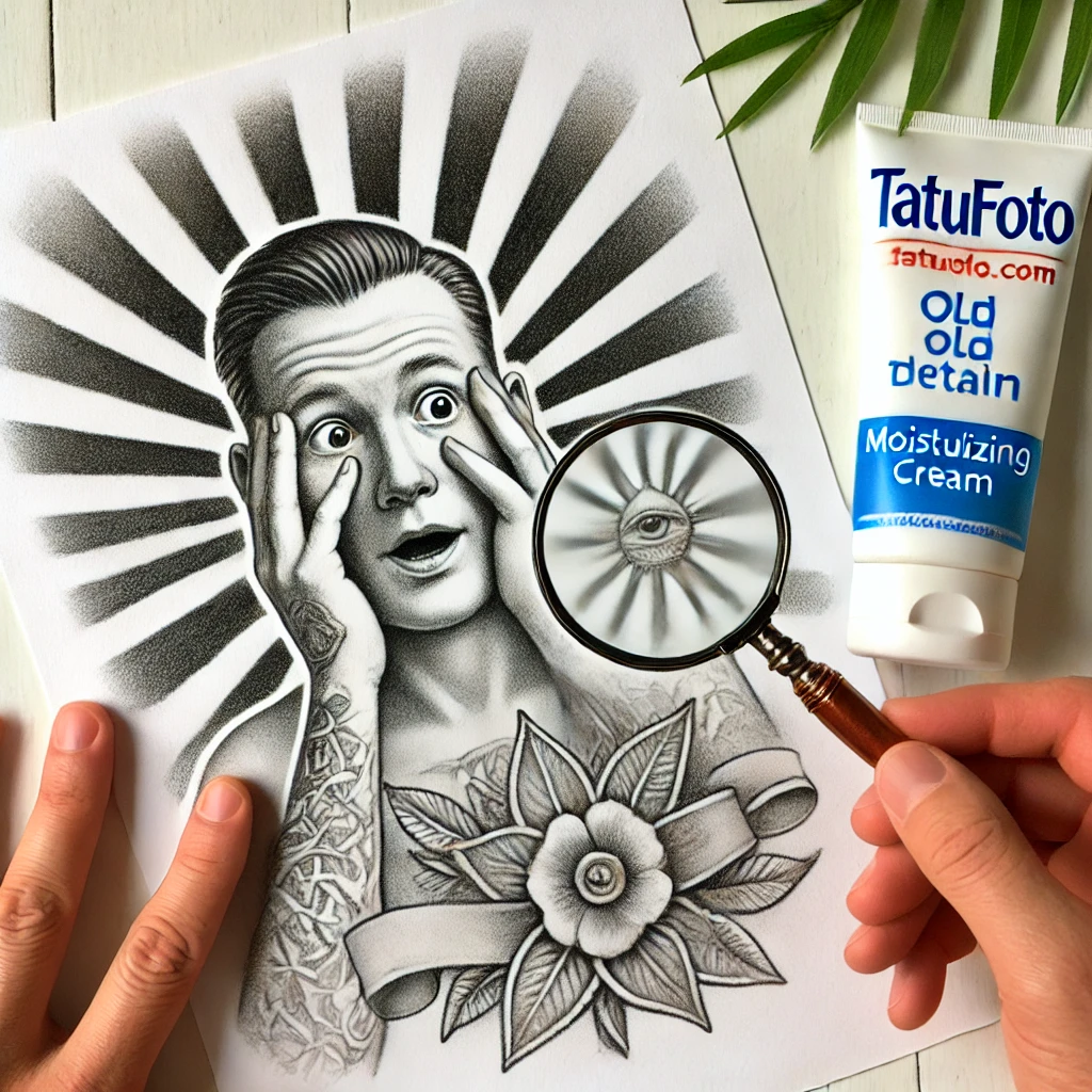 Чешется татуировка - A pencil sketch a person looks at their old tattoo in surprise, holding a magnifying glass that reveals fine details of the design. In the background tatufoto.com 007