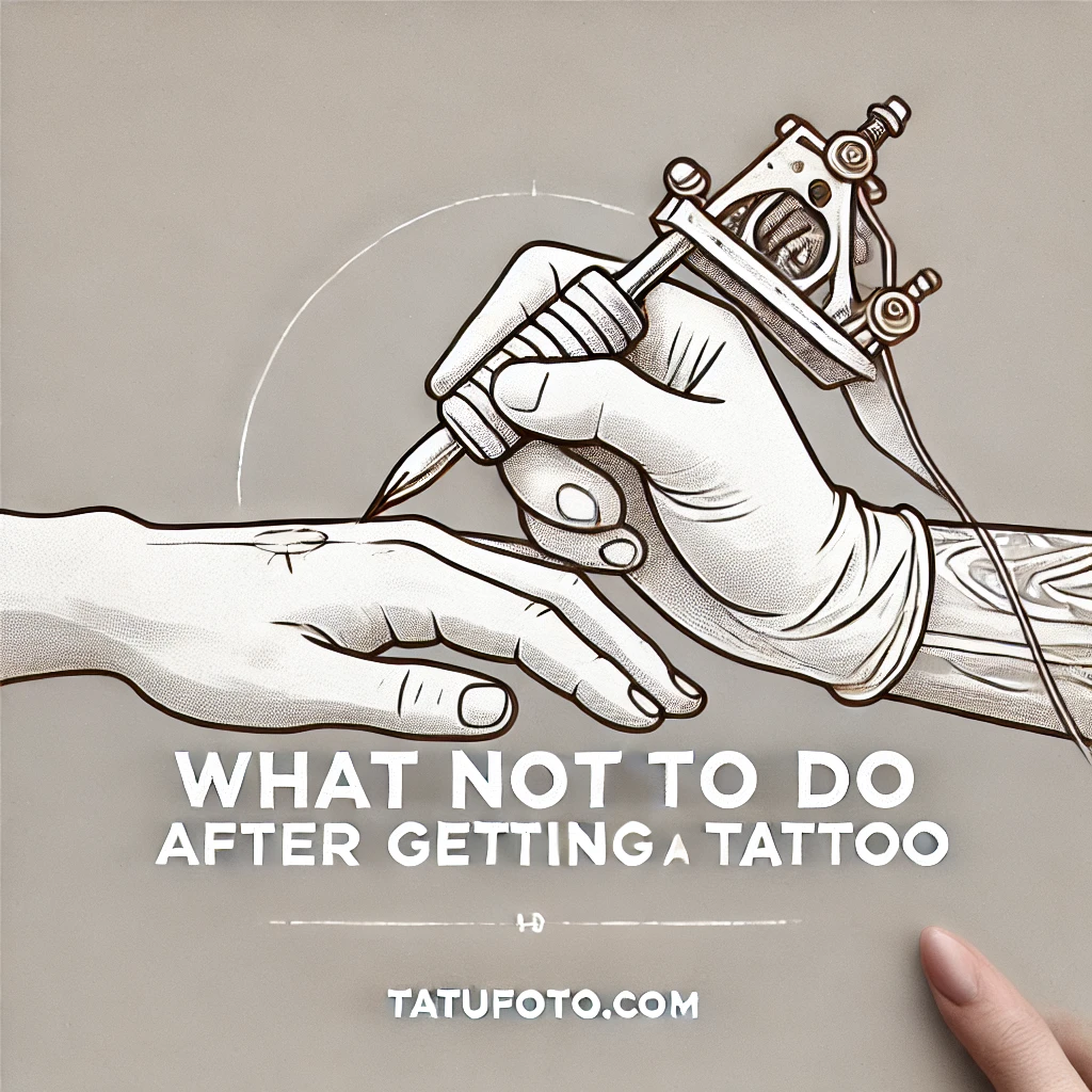 Что нельзя после тату - A minimalist pencil sketch a tattoo artist's hand holding a tattoo machine, surrounded by the text 'What not to do after getting a tattoo.' The drawi tatufoto.com 000
