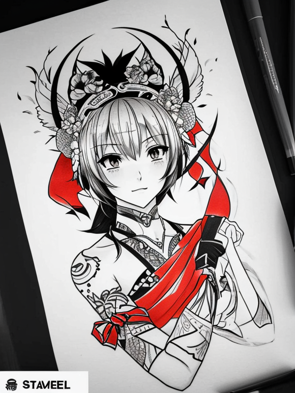 Эскиз тату аниме - Sketch tattoo anime redraw tattoo sketches on a white sheet into a Japanese-style Anime tattoo sketch, with traditional brush stroke effect, bold li tatufoto.com 119