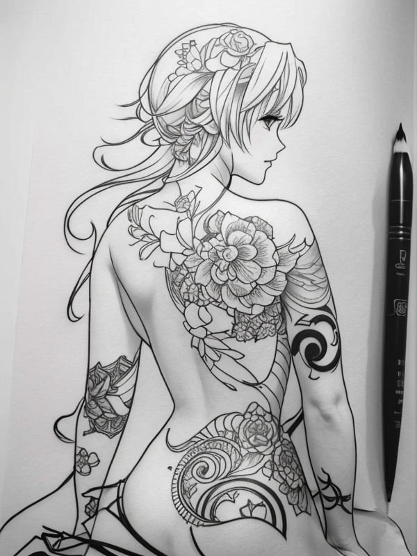 Эскиз тату аниме - Sketch tattoo anime redraw tattoo sketches on a white sheet into a Japanese-style Anime tattoo sketch, with traditional brush stroke effect, bold li tatufoto.com 237