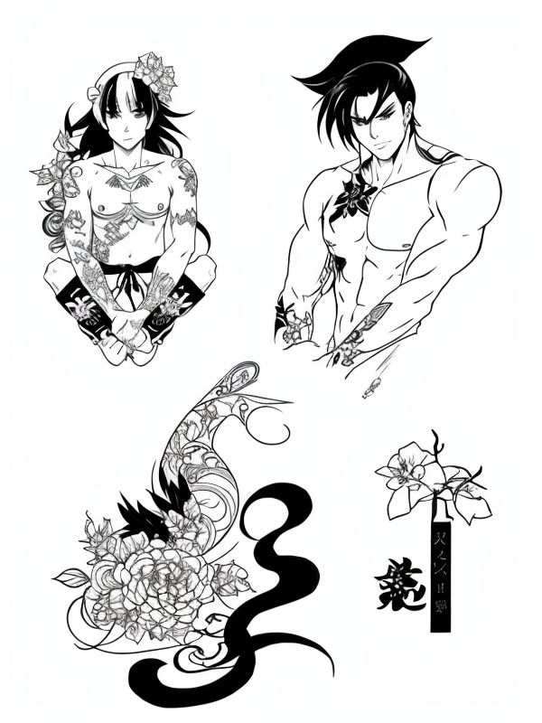 Эскиз тату аниме - Sketch tattoo anime redraw tattoo sketches on a white sheet into a Japanese-style Anime tattoo sketch, with traditional brush stroke effect, bold li tatufoto.com 436