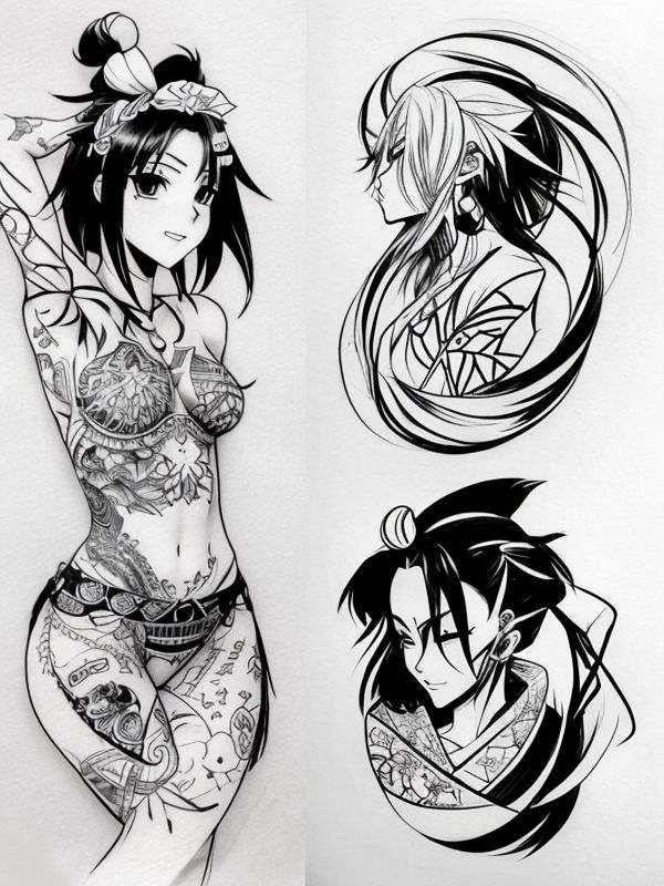 Эскиз тату аниме - Sketch tattoo anime redraw tattoo sketches on a white sheet into a Japanese-style Anime tattoo sketch, with traditional brush stroke effect, bold li tatufoto.com 474