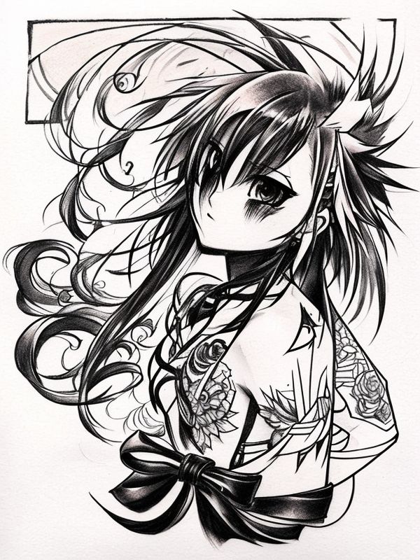 Эскиз тату аниме - Sketch tattoo anime redraw tattoo sketches on a white sheet into a Japanese-style Anime tattoo sketch, with traditional brush stroke effect, bold li tatufoto.com 487