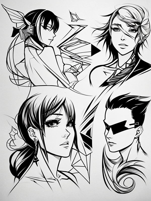 Эскиз тату аниме - Sketch tattoo anime redraw tattoo sketches on a white sheet into a bold and graphic Anime tattoo sketch, with thick black lines, high contrast shadi tatufoto.com 415