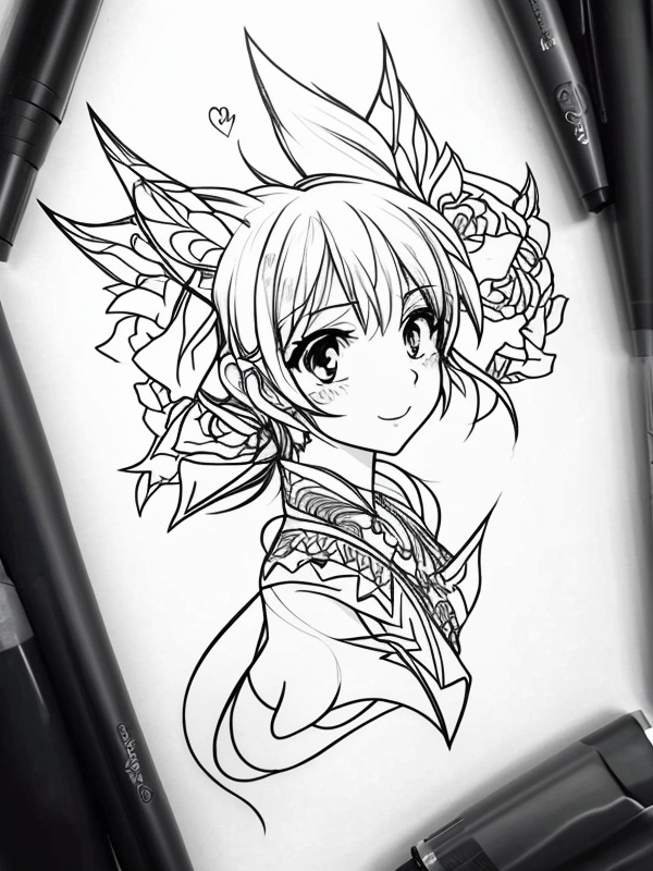 Эскиз тату аниме - Sketch tattoo anime redraw tattoo sketches on a white sheet into a cartoonish Anime tattoo sketch, with exaggerated features, playful style, bold ou tatufoto.com 039
