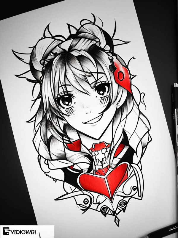 Эскиз тату аниме - Sketch tattoo anime redraw tattoo sketches on a white sheet into a cartoonish Anime tattoo sketch, with exaggerated features, playful style, bold ou tatufoto.com 123