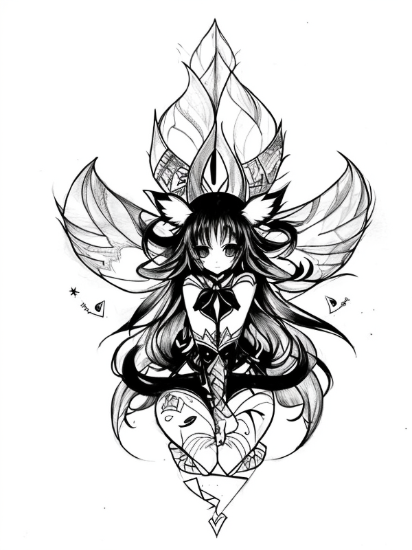 Эскиз тату аниме - Sketch tattoo anime redraw tattoo sketches on a white sheet into a cartoonish Anime tattoo sketch, with exaggerated features, playful style, bold ou tatufoto.com 378