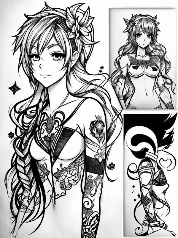 Эскиз тату аниме - Sketch tattoo anime redraw tattoo sketches on a white sheet into a cartoonish Anime tattoo sketch, with exaggerated features, playful style, bold ou tatufoto.com 426