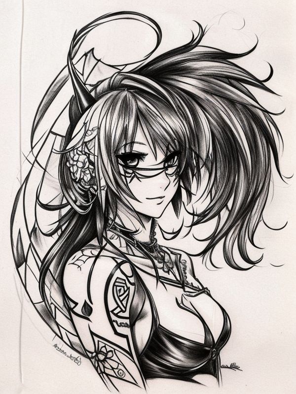 Эскиз тату аниме - Sketch tattoo anime redraw tattoo sketches on a white sheet into a cartoonish Anime tattoo sketch, with exaggerated features, playful style, bold ou tatufoto.com 491