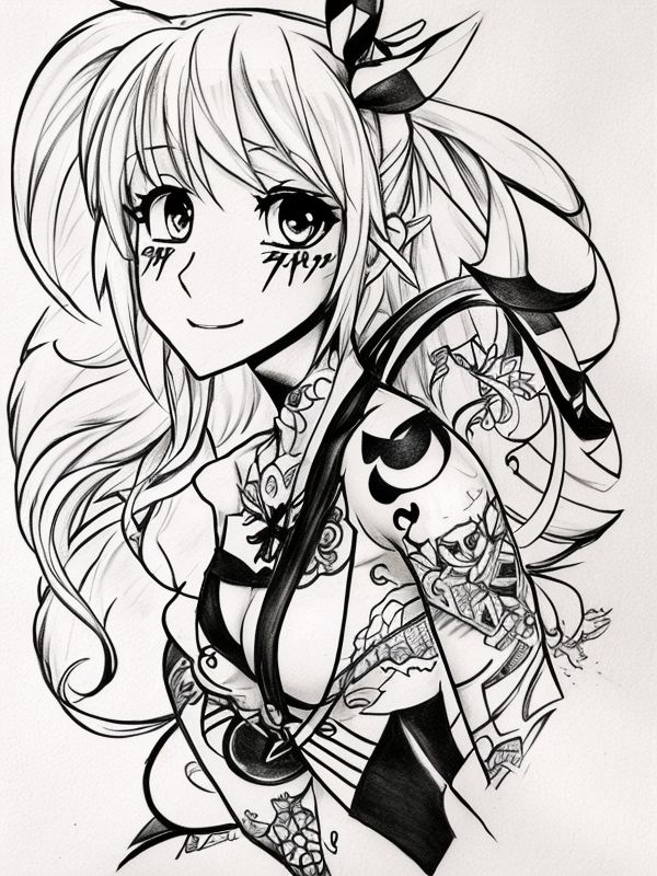Эскиз тату аниме - Sketch tattoo anime redraw tattoo sketches on a white sheet into a cartoonish Anime tattoo sketch, with exaggerated features, playful style, bold ou tatufoto.com 499