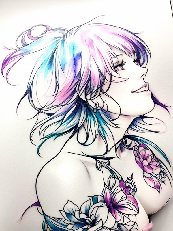 Эскиз тату аниме - Sketch tattoo anime redraw tattoo sketches on a white sheet into a colorful Anime tattoo sketch, using vibrant colors with a watercolor effect, deta tatufoto.com 020