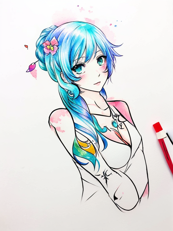 Эскиз тату аниме - Sketch tattoo anime redraw tattoo sketches on a white sheet into a colorful Anime tattoo sketch, using vibrant colors with a watercolor effect, deta tatufoto.com 165