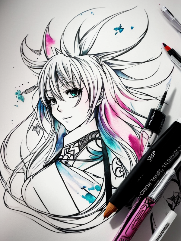 Эскиз тату аниме - Sketch tattoo anime redraw tattoo sketches on a white sheet into a colorful Anime tattoo sketch, using vibrant colors with a watercolor effect, deta tatufoto.com 224