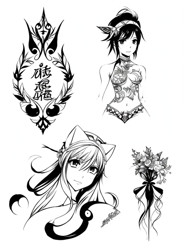 Эскиз тату аниме - Sketch tattoo anime redraw tattoo sketches on a white sheet into a colorful Anime tattoo sketch, using vibrant colors with a watercolor effect, deta tatufoto.com 431