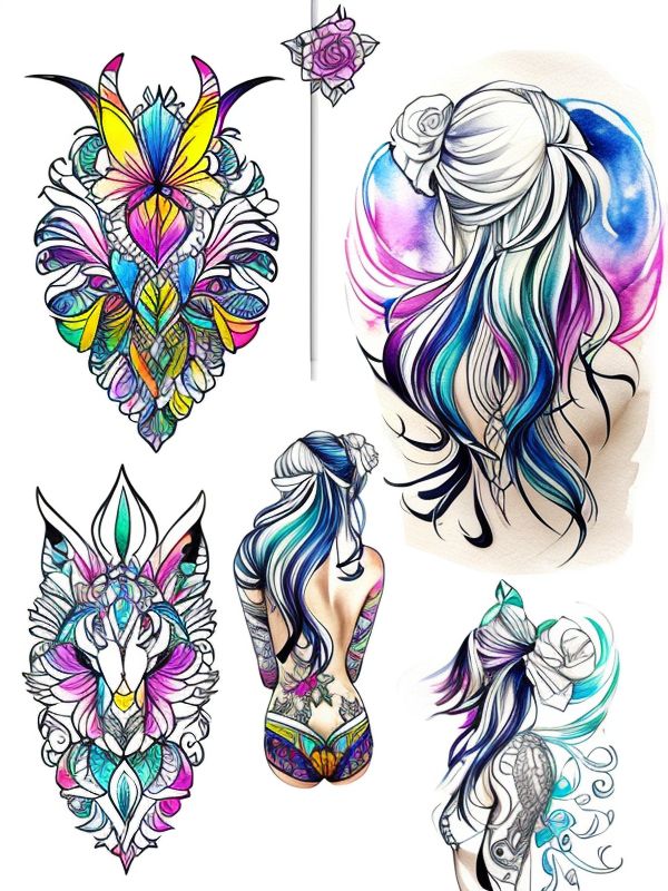 Эскиз тату аниме - Sketch tattoo anime redraw tattoo sketches on a white sheet into a colorful Anime tattoo sketch, using vibrant colors with a watercolor effect, deta tatufoto.com 457