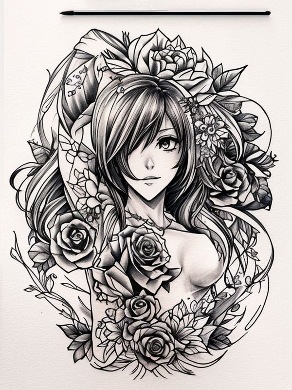 Эскиз тату аниме - Sketch tattoo anime redraw tattoo sketches on a white sheet into a colorful Anime tattoo sketch, using vibrant colors with a watercolor effect, deta tatufoto.com 483