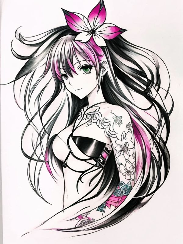 Эскиз тату аниме - Sketch tattoo anime redraw tattoo sketches on a white sheet into a colorful Anime tattoo sketch, using vibrant colors with a watercolor effect, deta tatufoto.com 545