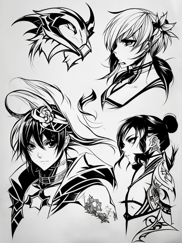 Эскиз тату аниме - Sketch tattoo anime redraw tattoo sketches on a white sheet into a fierce Anime tattoo sketch, with sharp, aggressive lines, dark black ink, strong tatufoto.com 423
