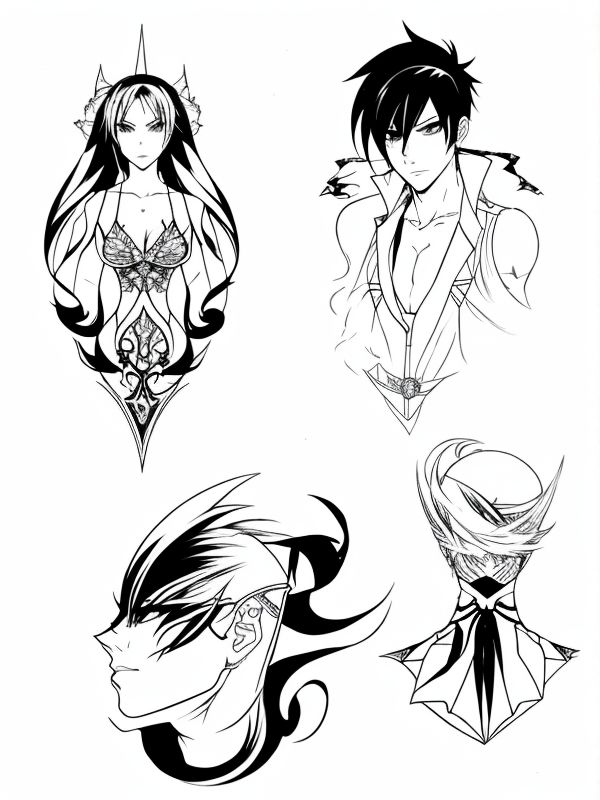 Эскиз тату аниме - Sketch tattoo anime redraw tattoo sketches on a white sheet into a fierce Anime tattoo sketch, with sharp, aggressive lines, dark black ink, strong tatufoto.com 437