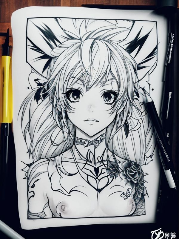 Эскиз тату аниме - Sketch tattoo anime redraw tattoo sketches on a white sheet into a fierce Anime tattoo sketch, with sharp, aggressive lines, dark black ink, strong tatufoto.com 449