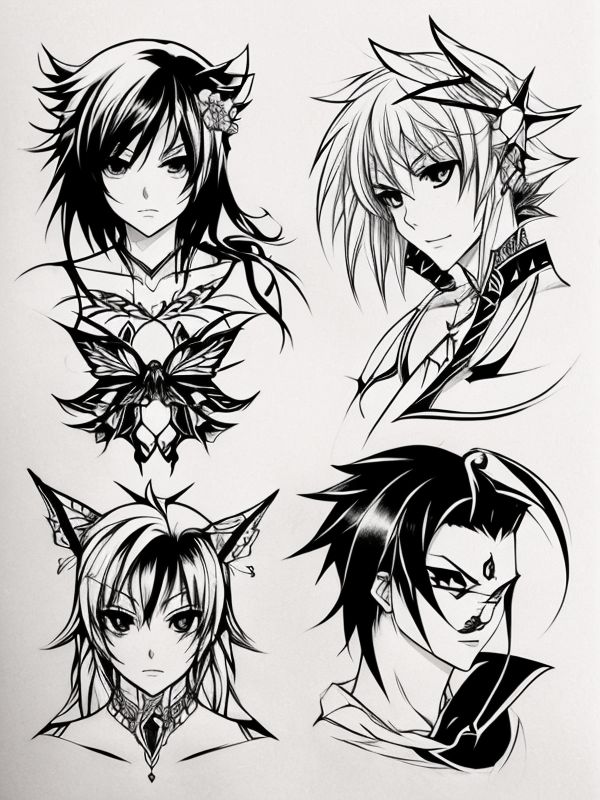 Эскиз тату аниме - Sketch tattoo anime redraw tattoo sketches on a white sheet into a fierce Anime tattoo sketch, with sharp, aggressive lines, dark black ink, strong tatufoto.com 475