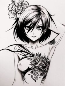 Черно-белый эскиз татуировки с изображением девушки, украшенной букетом роз. Идеально для любителей цветочных мотивов и женственных образов.
