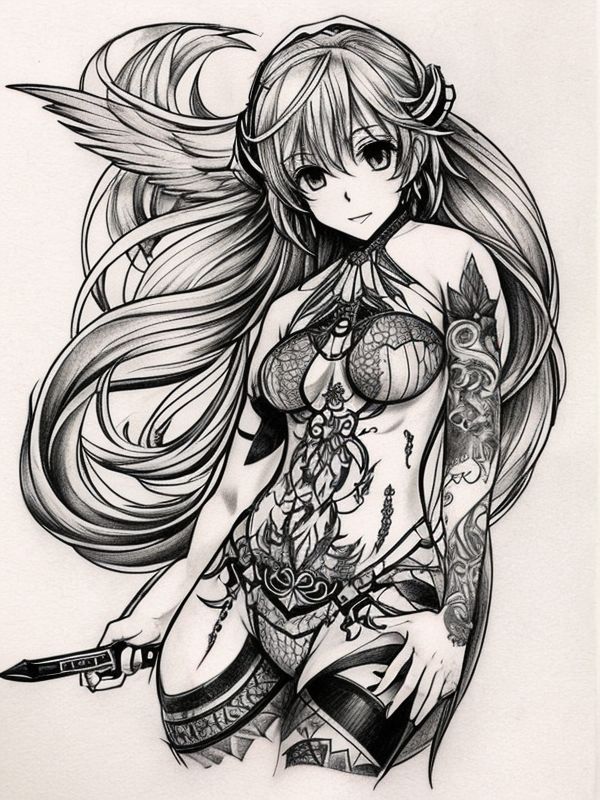 Эскиз тату аниме - Sketch tattoo anime redraw tattoo sketches on a white sheet into a highly detailed Anime tattoo sketch, with intricate lines, bold outlines, deep sh tatufoto.com 485