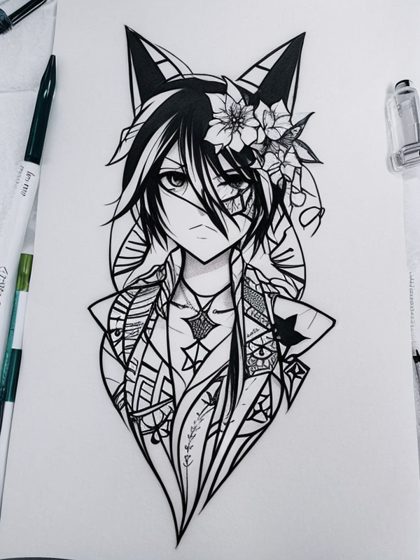 Эскиз тату аниме - Sketch tattoo anime redraw tattoo sketches on a white sheet into a modern minimalist Anime tattoo sketch, using only black ink with simple lines, sh tatufoto.com 332