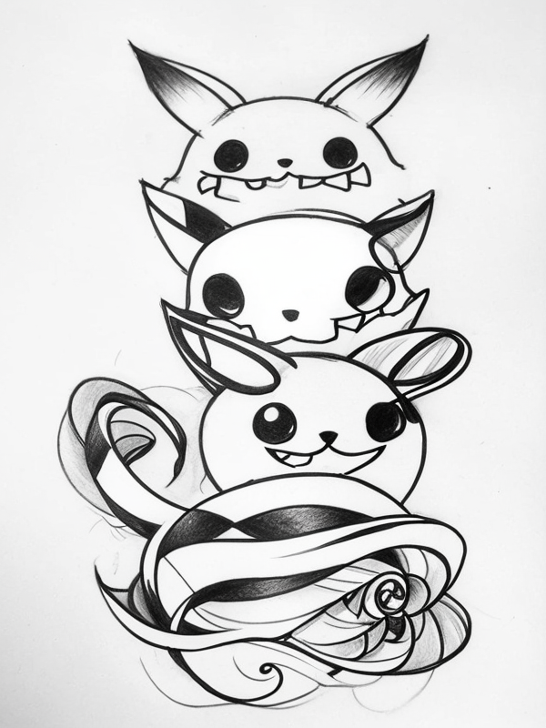 Эскиз тату аниме - Sketch tattoo anime redraw tattoo sketches on a white sheet into a sketchy Anime tattoo sketch, with rough, unfinished lines, quick pencil shading, tatufoto.com 066