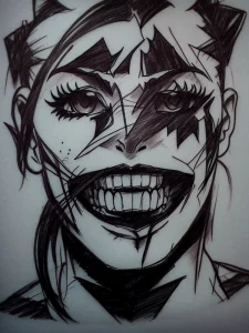 Черно-белое фото тату с изображением лица аниме девушки с безумной улыбкой. Рисунок выполнен в экспрессивном стиле с акцентом на эмоции.