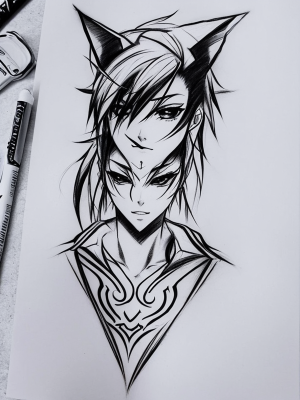 Эскиз тату аниме - Sketch tattoo anime redraw tattoo sketches on a white sheet into a sketchy Anime tattoo sketch, with rough, unfinished lines, quick pencil shading, tatufoto.com 340