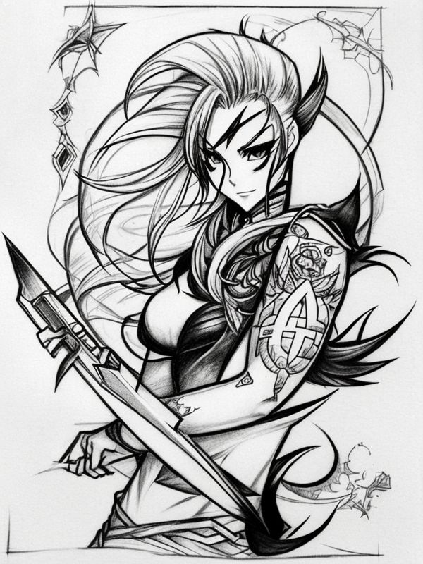 Эскиз тату аниме - Sketch tattoo anime redraw tattoo sketches on a white sheet into a sketchy Anime tattoo sketch, with rough, unfinished lines, quick pencil shading, tatufoto.com 500