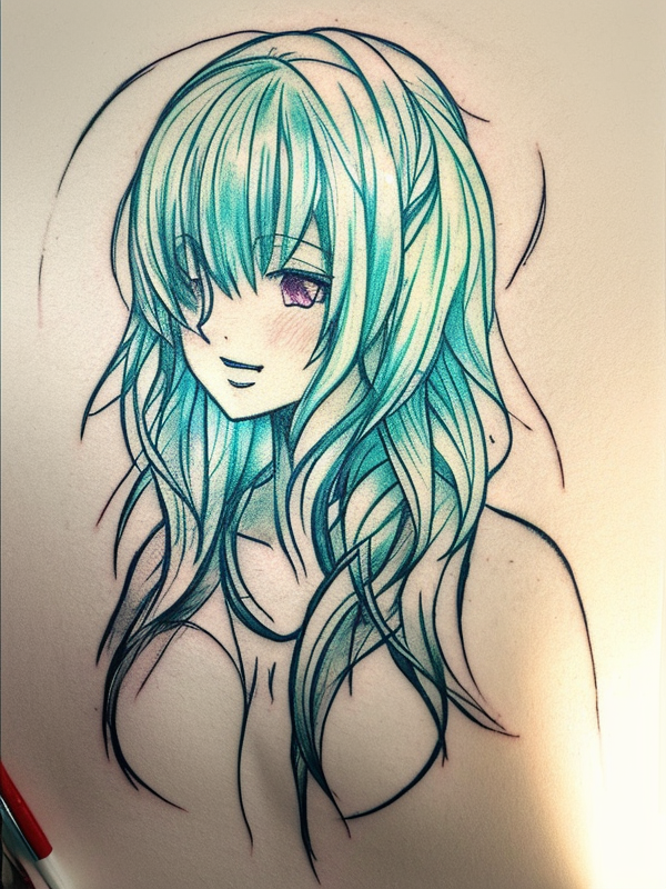 Эскиз тату аниме - Sketch tattoo anime redraw tattoo sketches on a white sheet into a soft pastel Anime tattoo sketch, with light colors, smooth transitions, gentle sh tatufoto.com 182