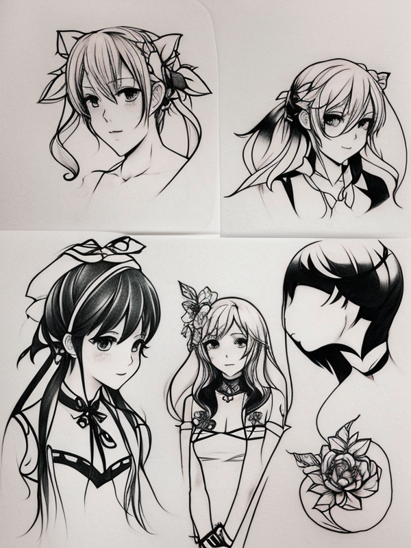 Эскиз тату аниме - Sketch tattoo anime redraw tattoo sketches on a white sheet into a soft pastel Anime tattoo sketch, with light colors, smooth transitions, gentle sh tatufoto.com 420
