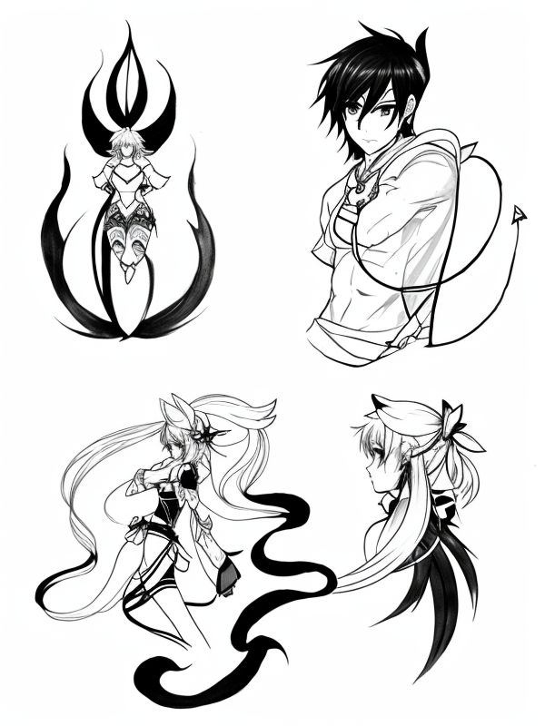 Эскиз тату аниме - Sketch tattoo anime redraw tattoo sketches on a white sheet into a soft pastel Anime tattoo sketch, with light colors, smooth transitions, gentle sh tatufoto.com 434
